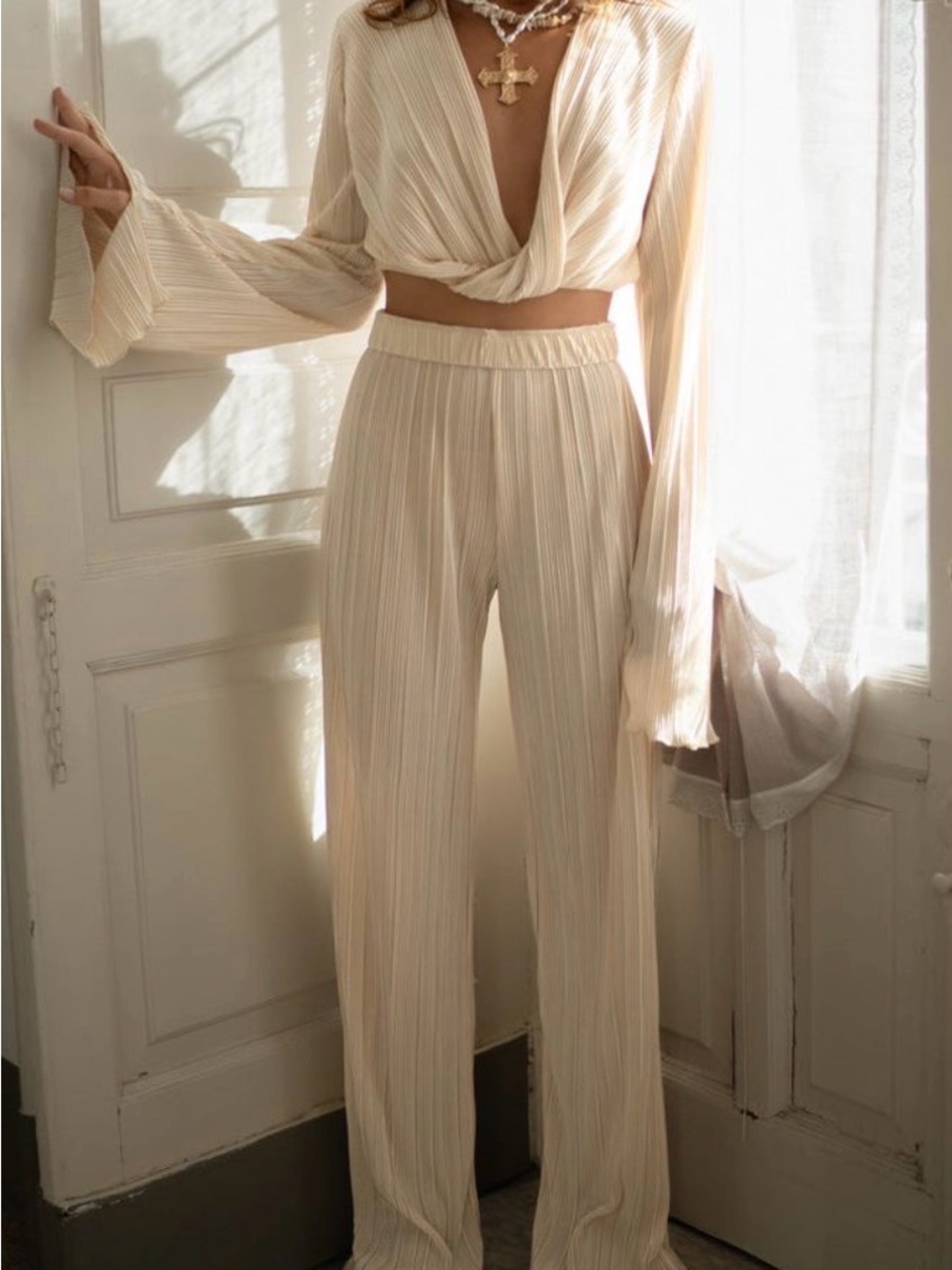 12th Tribe Cream Pleated Wide-Leg set